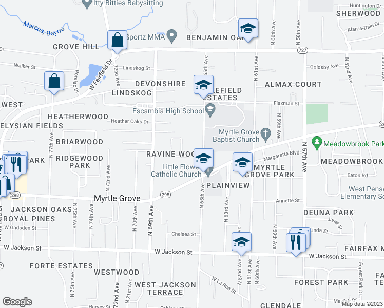 map of restaurants, bars, coffee shops, grocery stores, and more near 6504 Colonade Circle in Pensacola