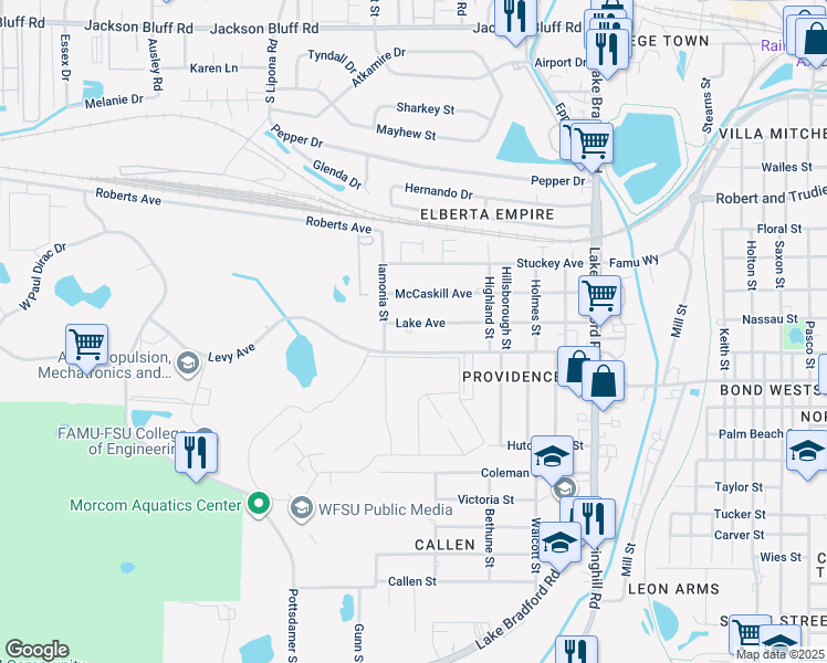 map of restaurants, bars, coffee shops, grocery stores, and more near 1619 Lake Avenue in Tallahassee