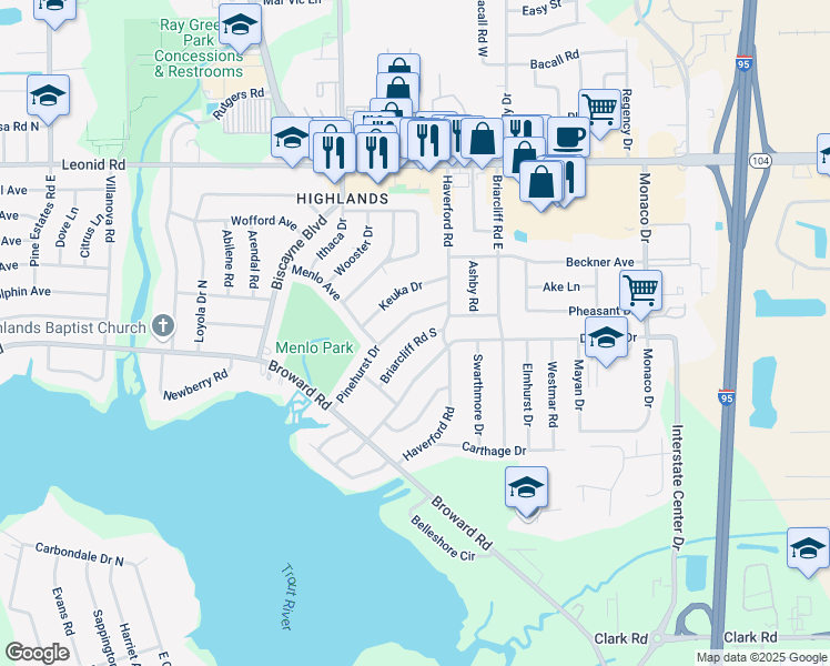 map of restaurants, bars, coffee shops, grocery stores, and more near 10441 Pinehurst Drive in Jacksonville