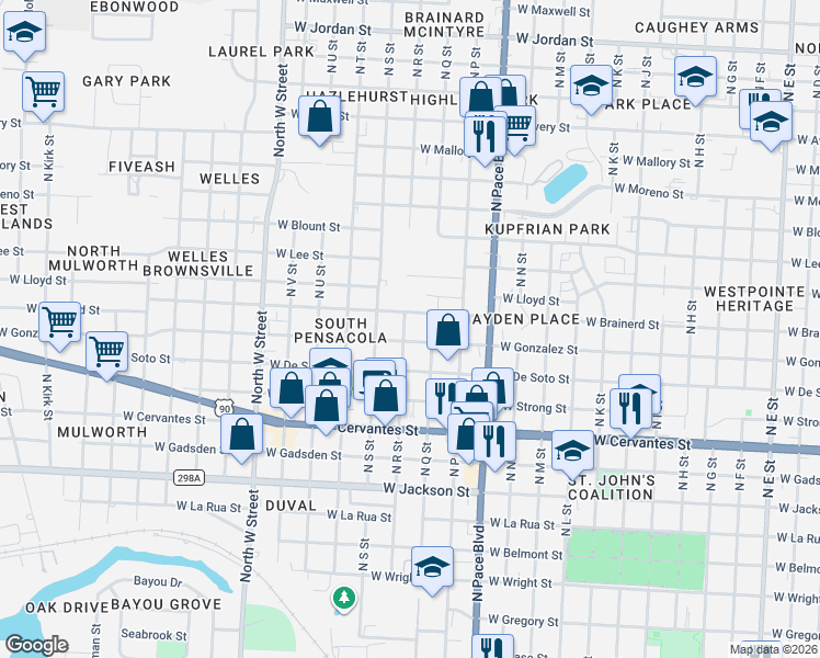 map of restaurants, bars, coffee shops, grocery stores, and more near 1107 North R Street in Pensacola