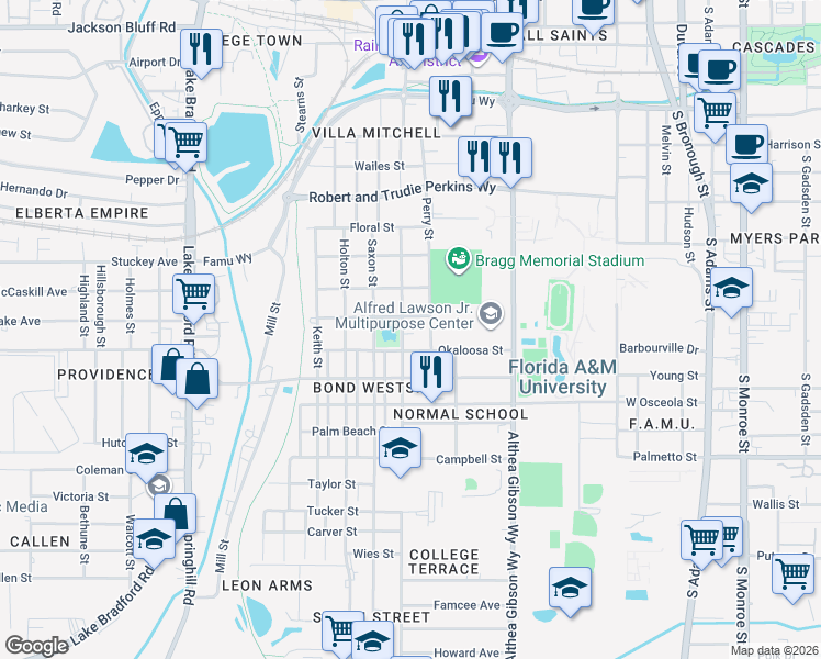 map of restaurants, bars, coffee shops, grocery stores, and more near 1911 Pasco Street in Tallahassee