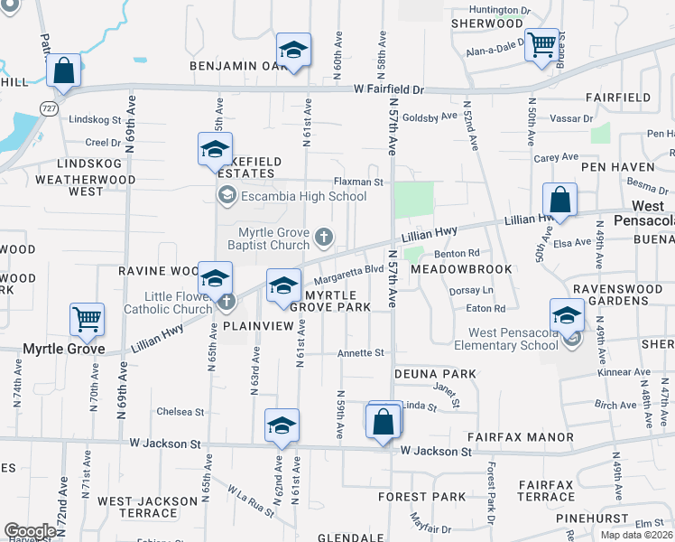 map of restaurants, bars, coffee shops, grocery stores, and more near 1099-1005 North 59th Avenue in Pensacola