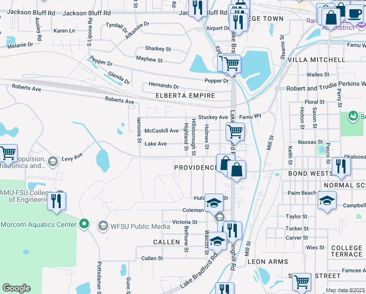 map of restaurants, bars, coffee shops, grocery stores, and more near 1908 Highland Street in Tallahassee