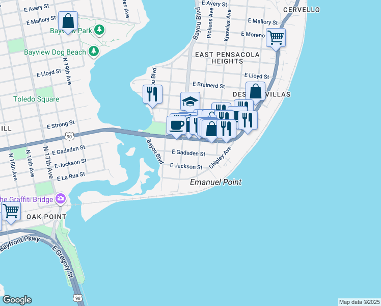 map of restaurants, bars, coffee shops, grocery stores, and more near 2906 East Gadsden Street in Pensacola
