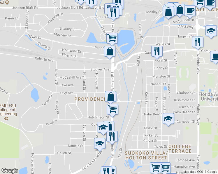 map of restaurants, bars, coffee shops, grocery stores, and more near 1209 Lake Avenue in Tallahassee