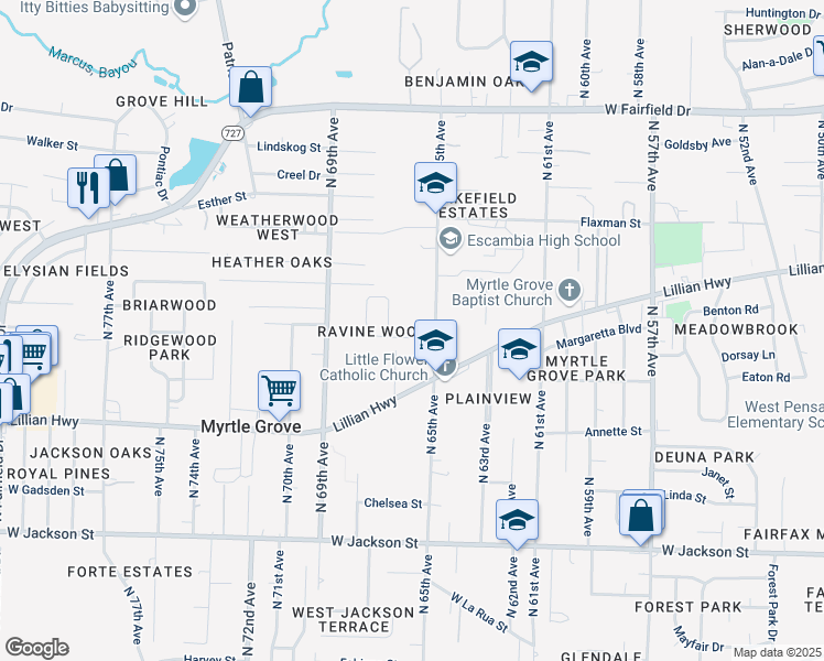 map of restaurants, bars, coffee shops, grocery stores, and more near 6510 Colonade Circle in Pensacola
