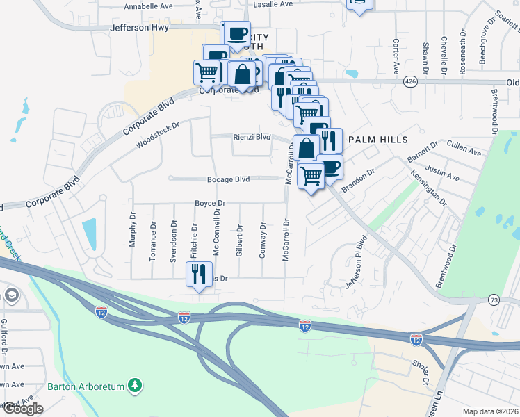map of restaurants, bars, coffee shops, grocery stores, and more near 7576 Boyce Drive in Baton Rouge