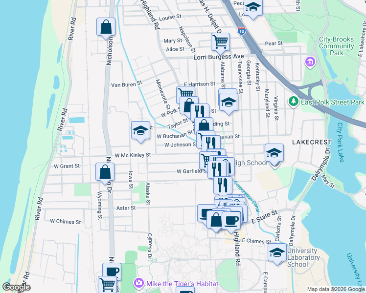 map of restaurants, bars, coffee shops, grocery stores, and more near 266 West Johnson Street in Baton Rouge