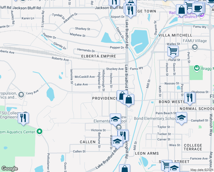 map of restaurants, bars, coffee shops, grocery stores, and more near 1315 Lake Avenue in Tallahassee