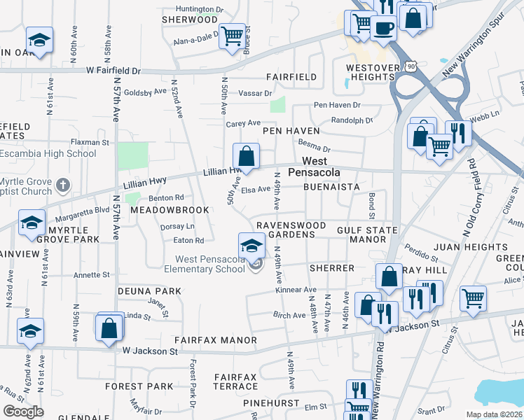 map of restaurants, bars, coffee shops, grocery stores, and more near 4 Haven Court in Pensacola