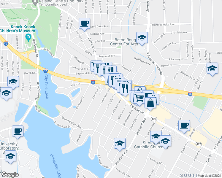 map of restaurants, bars, coffee shops, grocery stores, and more near 3030 Perkins Road in Baton Rouge