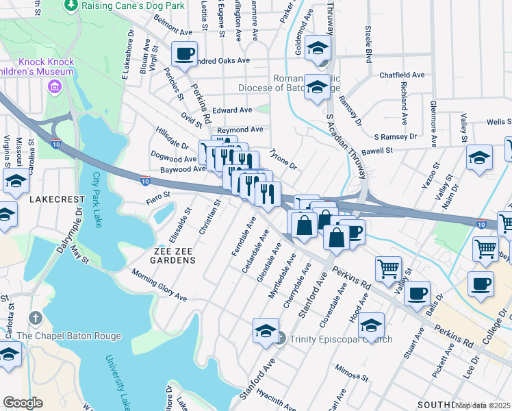 map of restaurants, bars, coffee shops, grocery stores, and more near in Baton Rouge