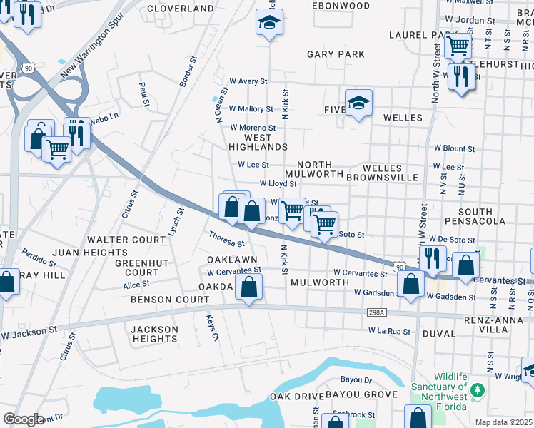 map of restaurants, bars, coffee shops, grocery stores, and more near 3710 West Gonzalez Street in Pensacola