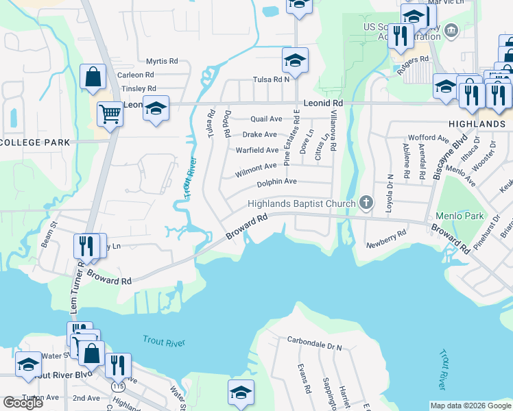 map of restaurants, bars, coffee shops, grocery stores, and more near 2460 Gayland Road in Jacksonville