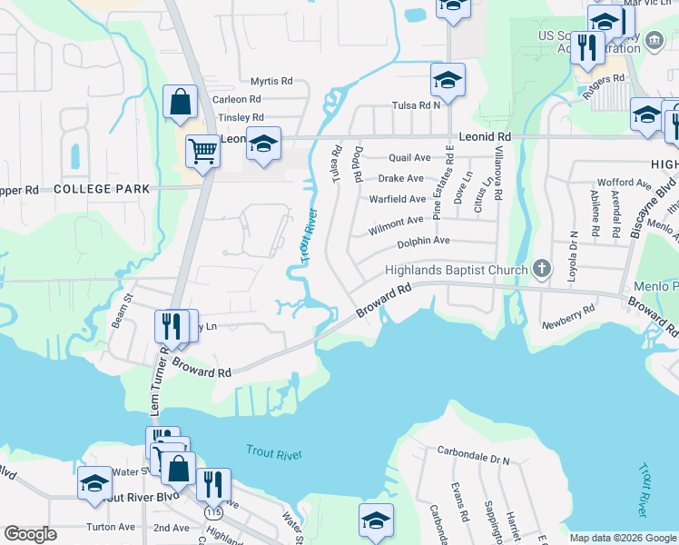 map of restaurants, bars, coffee shops, grocery stores, and more near 10424 Tulsa Road in Jacksonville