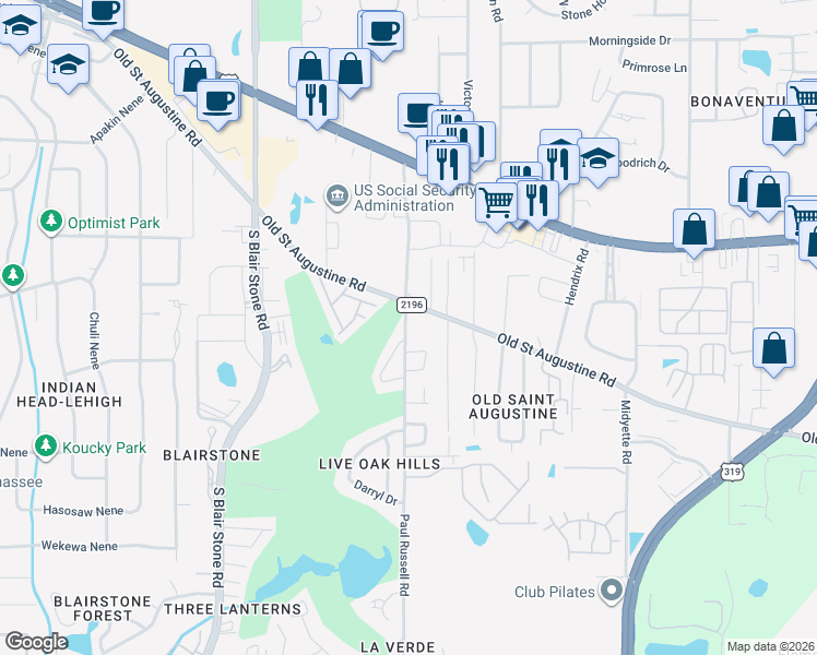 map of restaurants, bars, coffee shops, grocery stores, and more near 2311 Old Saint Augustine Road in Tallahassee