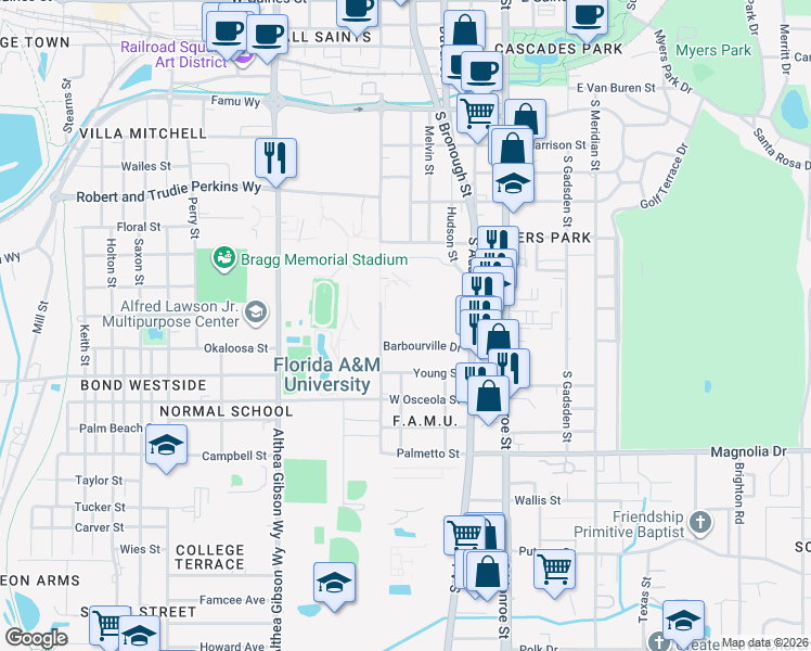 map of restaurants, bars, coffee shops, grocery stores, and more near 1731 South Martin Luther King Junior Boulevard in Tallahassee