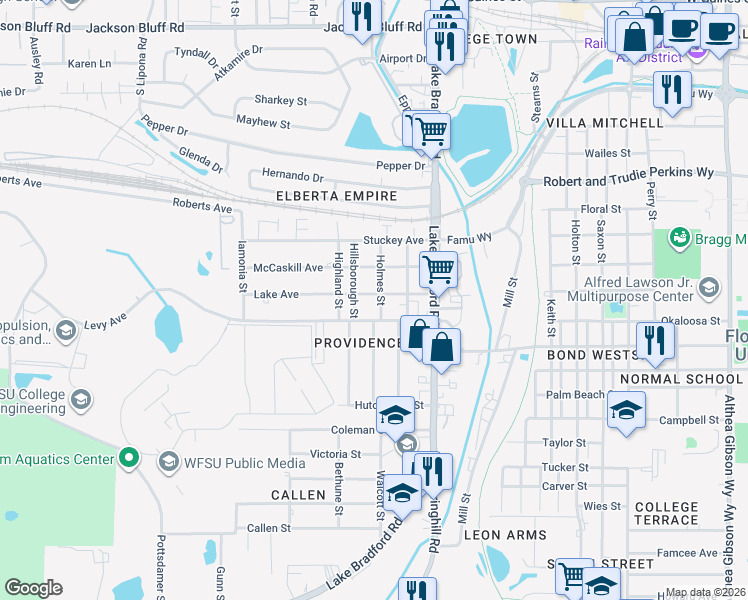 map of restaurants, bars, coffee shops, grocery stores, and more near 1240 Lake Avenue in Tallahassee