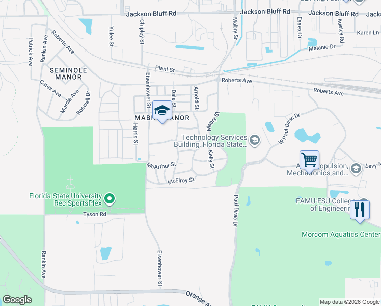 map of restaurants, bars, coffee shops, grocery stores, and more near 2709 Wainwright Street in Tallahassee