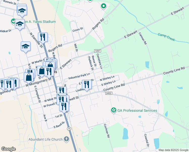 map of restaurants, bars, coffee shops, grocery stores, and more near 408 Industrial Park Lane in Willis
