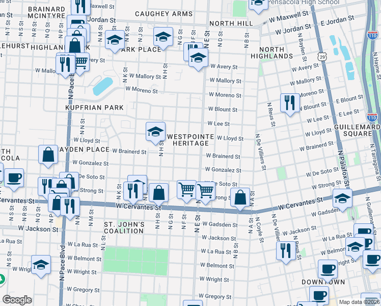 map of restaurants, bars, coffee shops, grocery stores, and more near in Pensacola