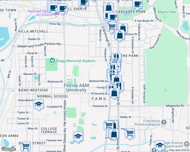 map of restaurants, bars, coffee shops, grocery stores, and more near 1731 South Martin Luther King Junior Boulevard in Tallahassee
