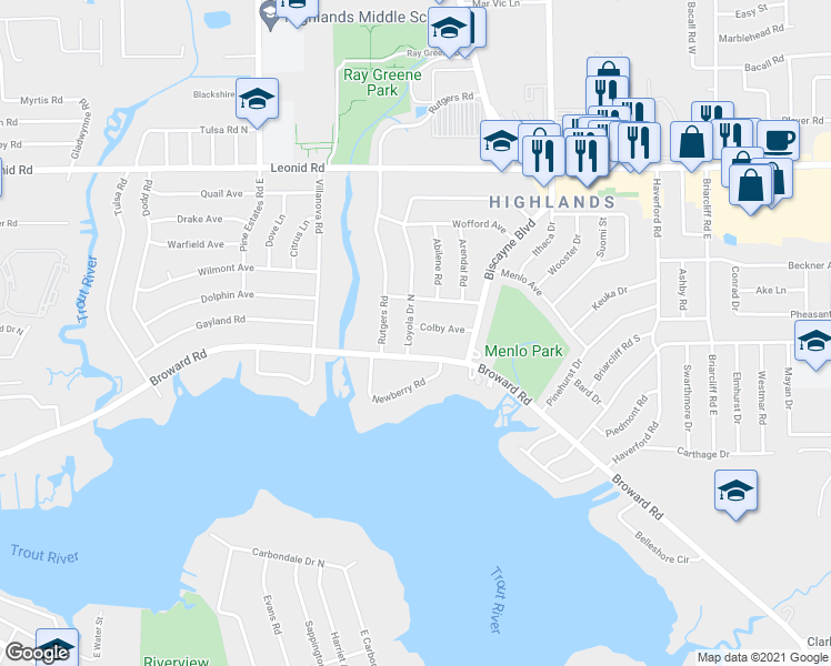 map of restaurants, bars, coffee shops, grocery stores, and more near 10421 Loyola Drive in Jacksonville