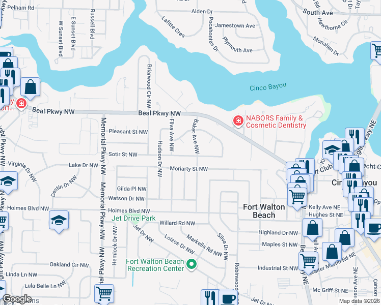 map of restaurants, bars, coffee shops, grocery stores, and more near 125 Sotir Street Northwest in Fort Walton Beach