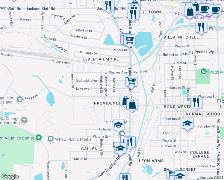 map of restaurants, bars, coffee shops, grocery stores, and more near 1240 Lake Avenue in Tallahassee
