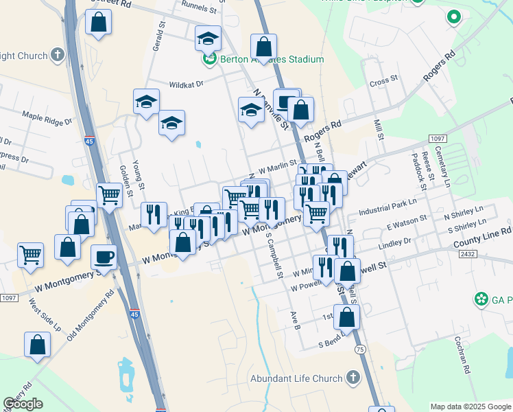 map of restaurants, bars, coffee shops, grocery stores, and more near 400 West Stewart Street in Willis
