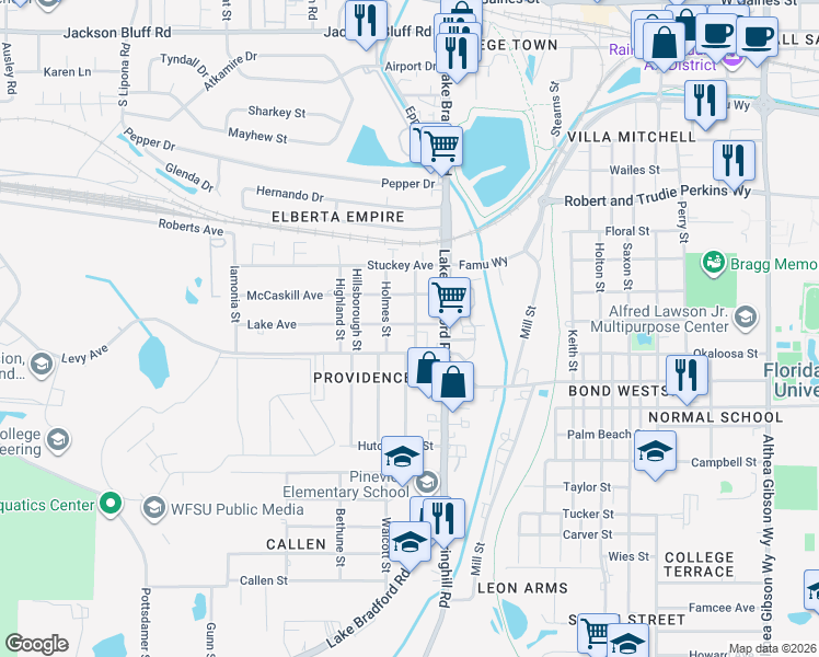 map of restaurants, bars, coffee shops, grocery stores, and more near 1221 Lake Avenue in Tallahassee