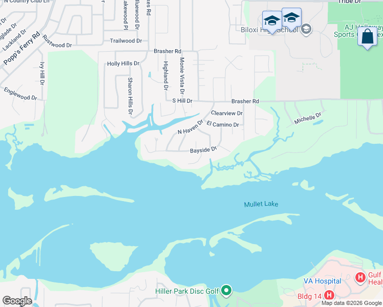 map of restaurants, bars, coffee shops, grocery stores, and more near 1965 Bayside Drive in Biloxi