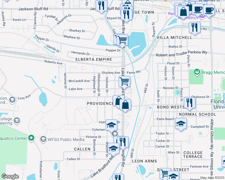 map of restaurants, bars, coffee shops, grocery stores, and more near 1225 Lake Avenue in Tallahassee