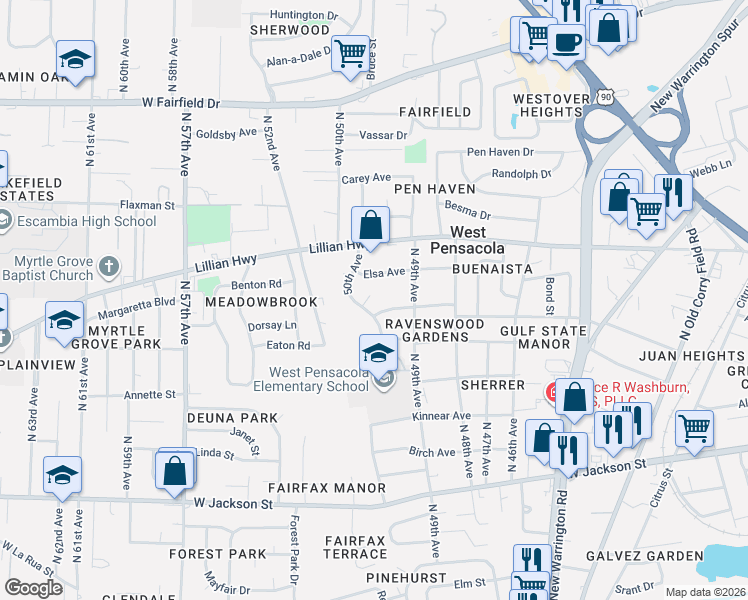 map of restaurants, bars, coffee shops, grocery stores, and more near 4 Haven Court in Pensacola