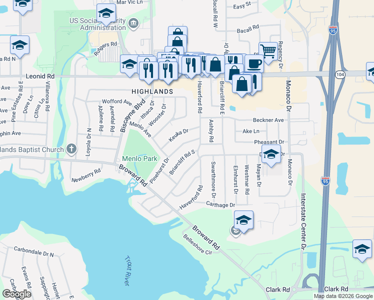 map of restaurants, bars, coffee shops, grocery stores, and more near 10441 Pinehurst Drive in Jacksonville