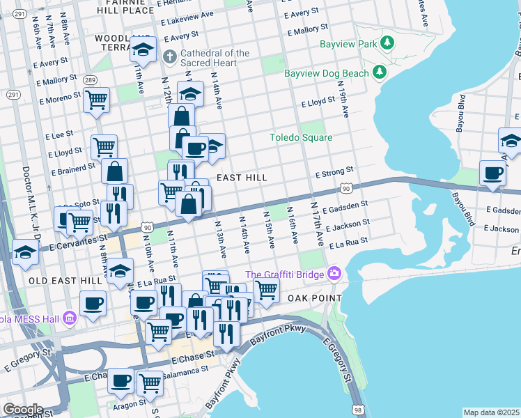 map of restaurants, bars, coffee shops, grocery stores, and more near 715 North 15th Avenue in Pensacola