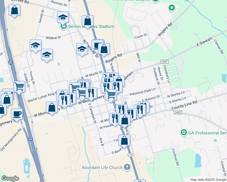 map of restaurants, bars, coffee shops, grocery stores, and more near 102 North Danville Street in Willis