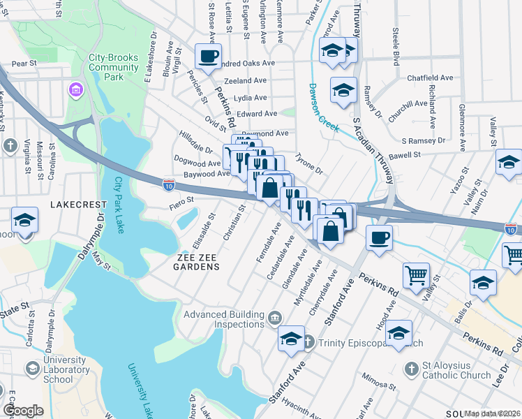 map of restaurants, bars, coffee shops, grocery stores, and more near 3030 Perkins Road in Baton Rouge