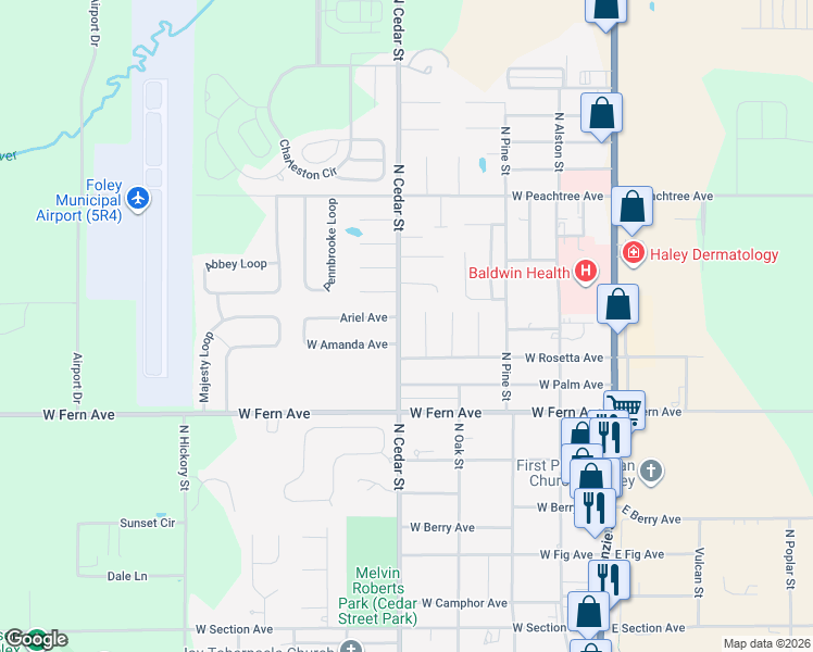 map of restaurants, bars, coffee shops, grocery stores, and more near 1512 North Cedar Street in Foley