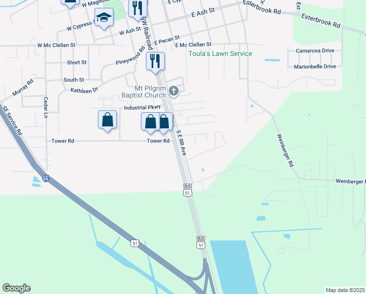 map of restaurants, bars, coffee shops, grocery stores, and more near 1300 Southeast Railroad Avenue in Ponchatoula