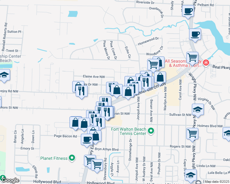 map of restaurants, bars, coffee shops, grocery stores, and more near 125 Lovejoy Road Northwest in Fort Walton Beach