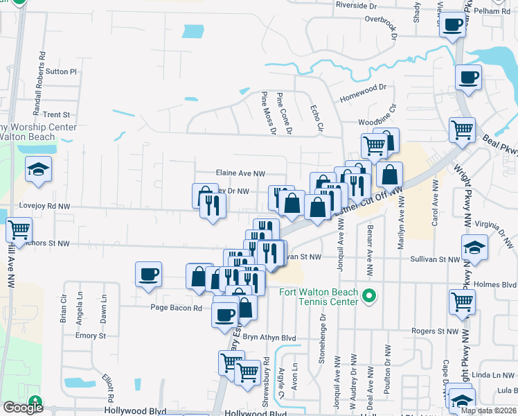 map of restaurants, bars, coffee shops, grocery stores, and more near 211 Lovejoy Road Northwest in Fort Walton Beach