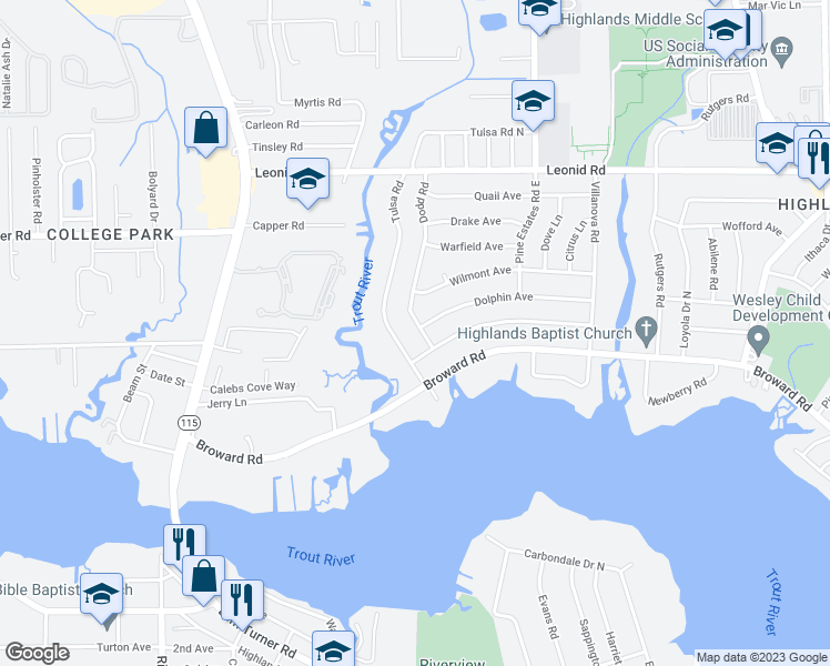 map of restaurants, bars, coffee shops, grocery stores, and more near 10424 Dodd Road in Jacksonville