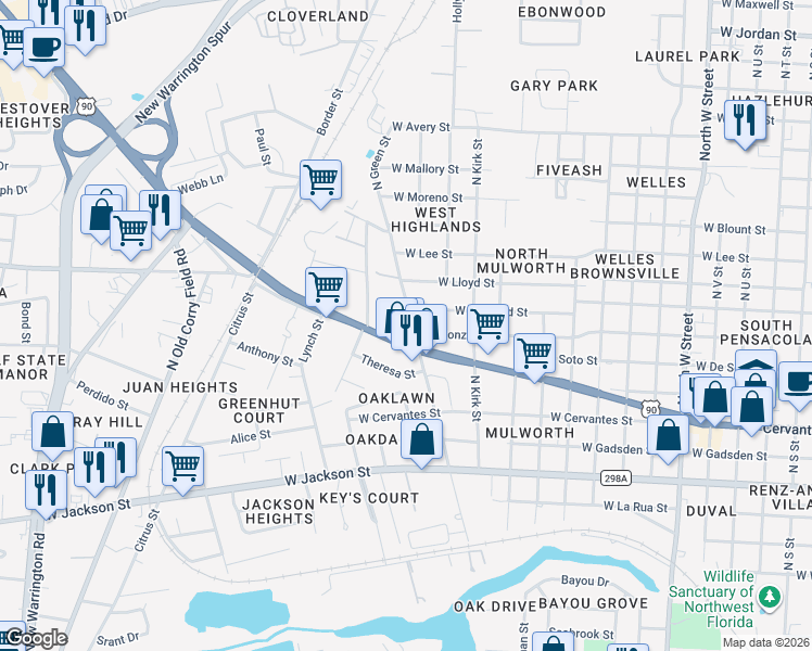 map of restaurants, bars, coffee shops, grocery stores, and more near 1101 North Green Street in Pensacola