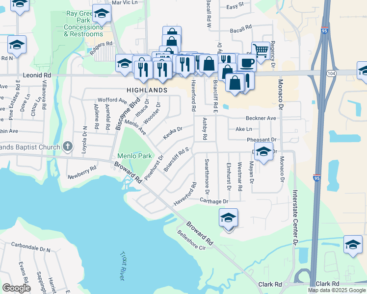 map of restaurants, bars, coffee shops, grocery stores, and more near 10532 South Briarcliff Road in Jacksonville