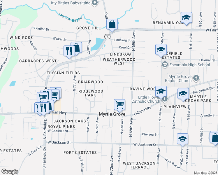 map of restaurants, bars, coffee shops, grocery stores, and more near 1010 North 72nd Avenue in Pensacola