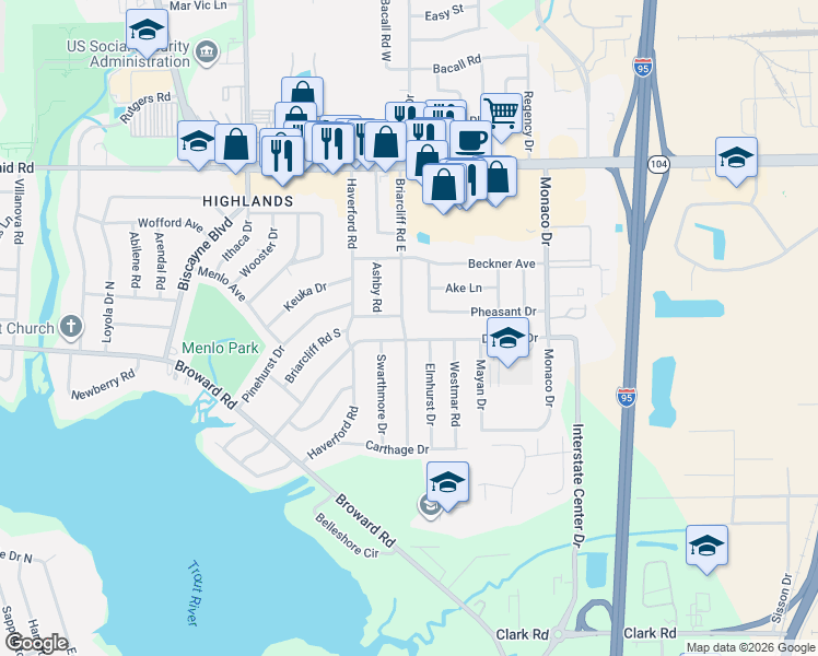 map of restaurants, bars, coffee shops, grocery stores, and more near 1214 South Briarcliff Road in Jacksonville