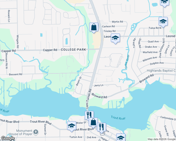 map of restaurants, bars, coffee shops, grocery stores, and more near 10414 Lem Turner Road in Jacksonville