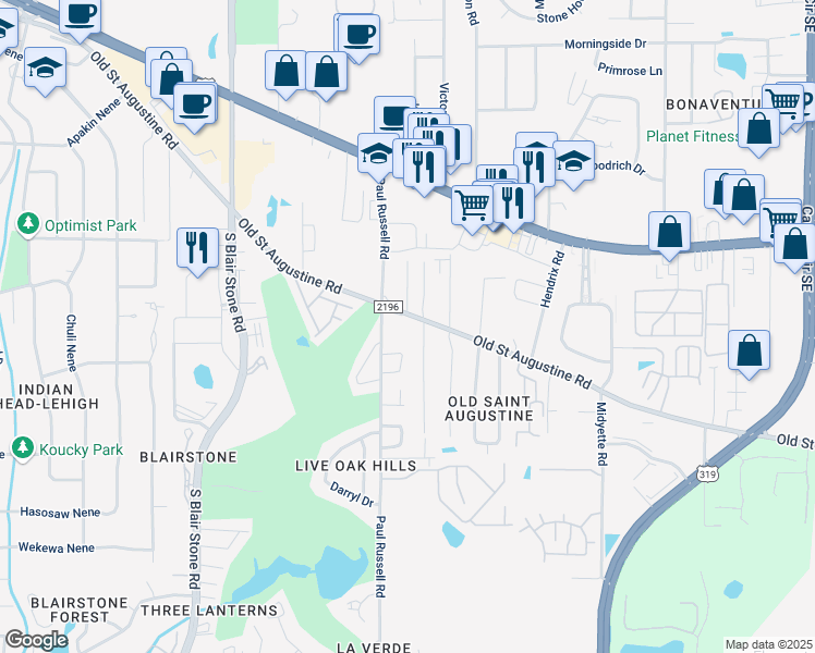 map of restaurants, bars, coffee shops, grocery stores, and more near 2311 Old Saint Augustine Road in Tallahassee
