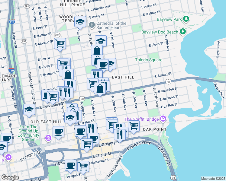 map of restaurants, bars, coffee shops, grocery stores, and more near 1300 East Cervantes Street in Pensacola